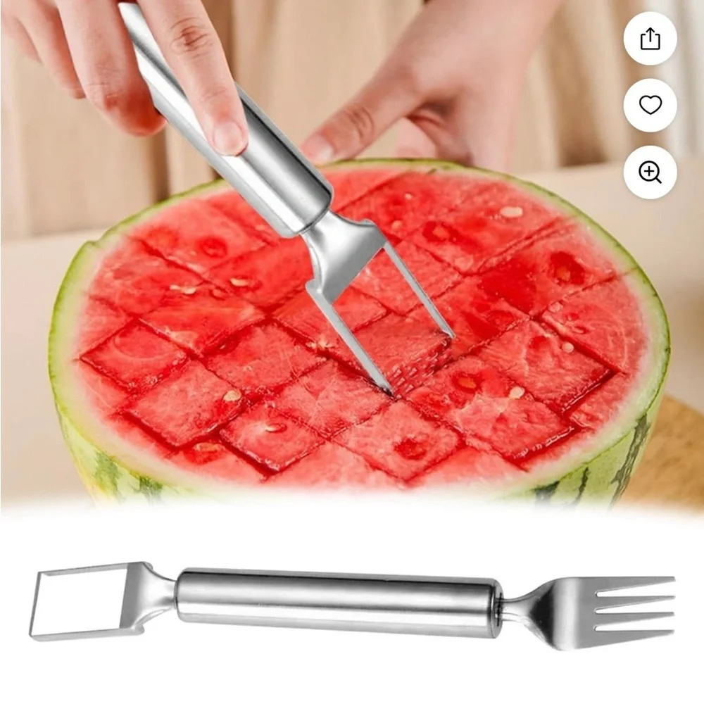 2-Pc Stainless Steel 2-in-1 Watermelon Cutter and Fork NIB